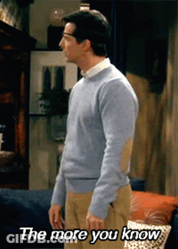 A Man Standing In A Living Room With The Words " The More You Know " On The Bottom GIF