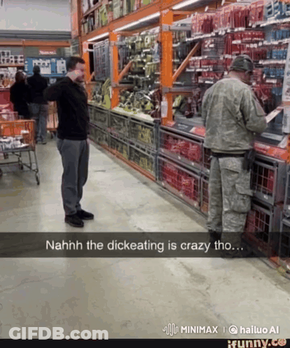 A Man Standing In A Store With A Caption That Says " Nahh The Dickeating Is Crazy Tho " GIF