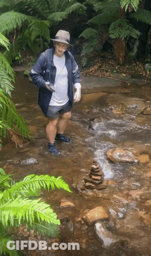 A Man Standing In A Stream With A Stack Of Rocks In The Foreground GIF