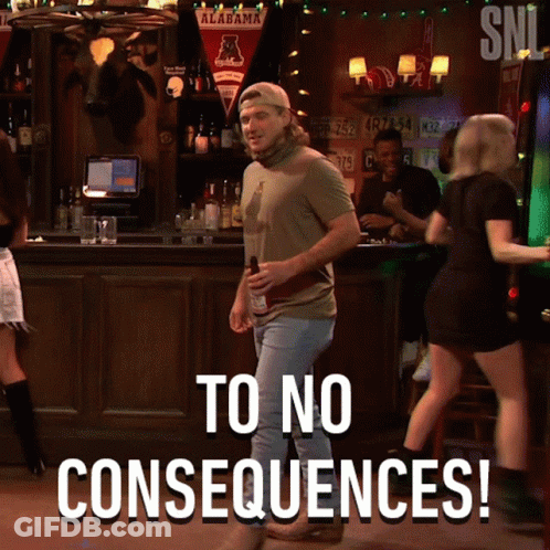 A Man Standing In Front Of A Bar With The Words To No Consequences Below Him GIF