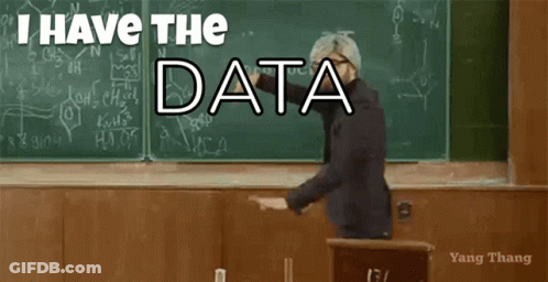 A Man Standing In Front Of A Blackboard With The Words " I Have The Data " GIF