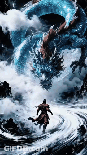 A Man Standing In Front Of A Blue Dragon GIF