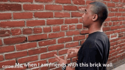 A Man Standing In Front Of A Brick Wall With The Words Me When I Am Friends With This Brick Wall GIF