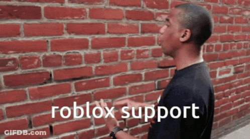 A Man Standing In Front Of A Brick Wall With The Words Roblox Support Written On The Bottom GIF