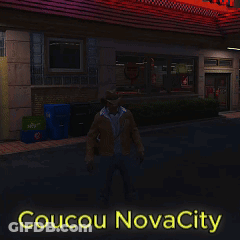 A Man Standing In Front Of A Building That Says Coucou Novacity On It GIF