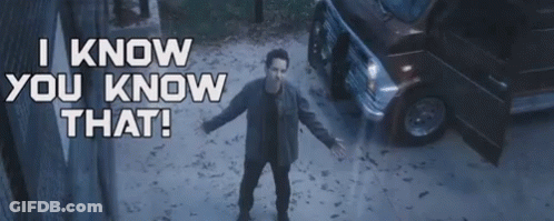 A Man Standing In Front Of A Car With The Words " I Know You Know That " Written Above Him GIF