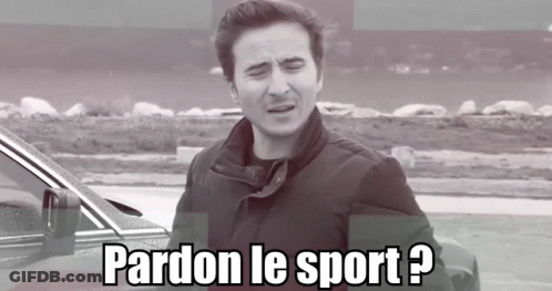 A Man Standing In Front Of A Car With The Words Pardon Le Sport Written On The Bottom GIF