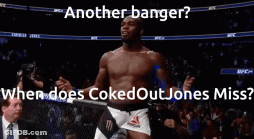 A Man Standing In Front Of A Crowd With The Words Another Banger When Does Cokeoutjones Miss GIF