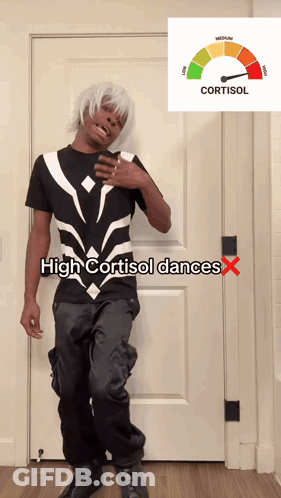 A Man Standing In Front Of A Door With The Words High Cortisol Dances GIF