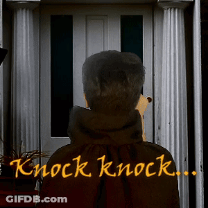 A Man Standing In Front Of A Door With The Words Knock Knock Written In Yellow GIF