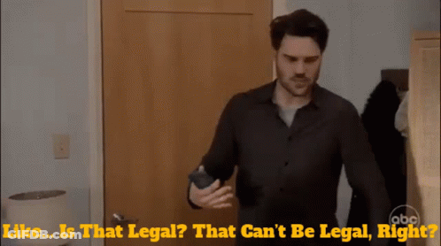 A Man Standing In Front Of A Door With The Words Like Is That Legal That Can 'T Be Legal Right Written Below Him GIF