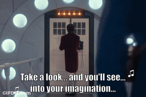 A Man Standing In Front Of A Door With The Words Take A Look And You 'Ll See Into Your Imagination On The Bottom GIF