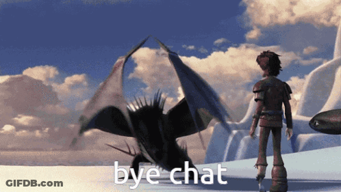 A Man Standing In Front Of A Dragon With The Words Bye Chat Below Him GIF