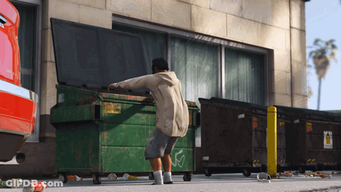 A Man Standing In Front Of A Dumpster With A Sticker On It That Says ' Warning ' GIF