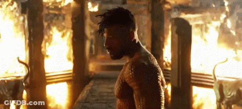 A Man Standing In Front Of A Fire In A Room . GIF