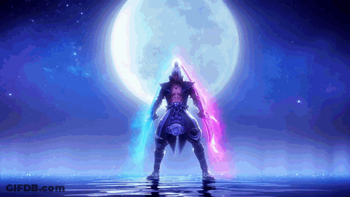 A Man Standing In Front Of A Full Moon With Two Lightsabers In His Hands GIF