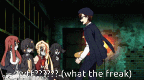 A Man Standing In Front Of A Group Of Zombies With The Words " What The Freak " Written Below Him GIF