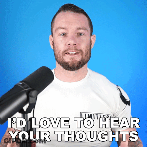 A Man Standing In Front Of A Microphone With The Words " I 'D Love To Hear Your Thoughts " On The Bottom GIF
