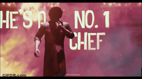 A Man Standing In Front Of A Sign That Says He 'S No. 1 Chef GIF