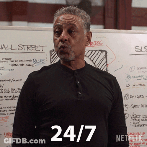 A Man Standing In Front Of A White Board With The Number 24/7 On It GIF
