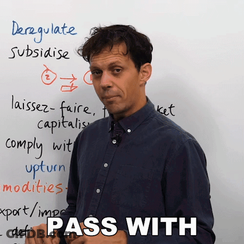 A Man Standing In Front Of A White Board With The Words Pass With Written On It GIF