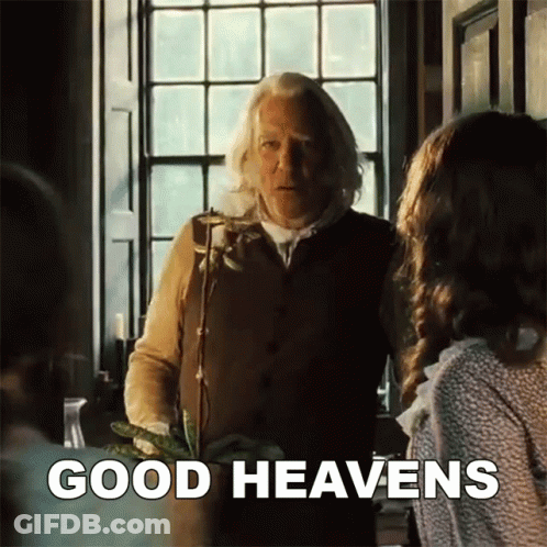A Man Standing In Front Of A Window With The Words Good Heavens Written On The Bottom GIF