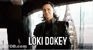 A Man Standing In Front Of A Window With The Words Loki Dokey Written On It GIF
