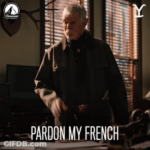A Man Standing In Front Of A Window With The Words Pardon My French On The Bottom GIF