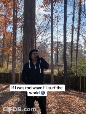 A Man Standing In The Woods With A Caption That Says If I Was Rod Wave I 'Ll Surf The World .. GIF
