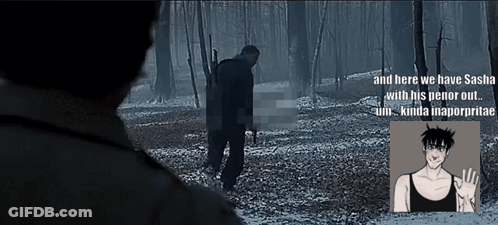 A Man Standing In The Woods With The Words " And Here We Have Sasha With His Penor Out " Below Him GIF