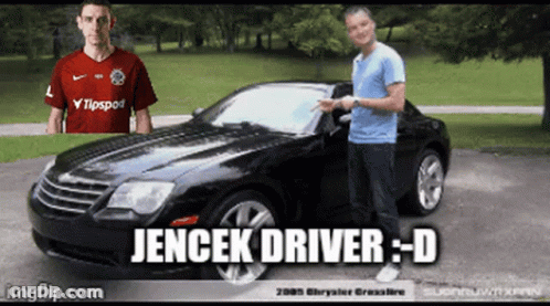 A Man Standing Next To A Black Car That Says Jencek Driver GIF