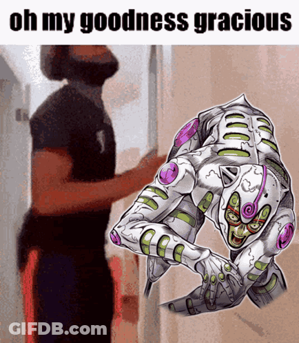A Man Standing Next To A Cartoon Character That Says Oh My Goodness Gracious On It GIF