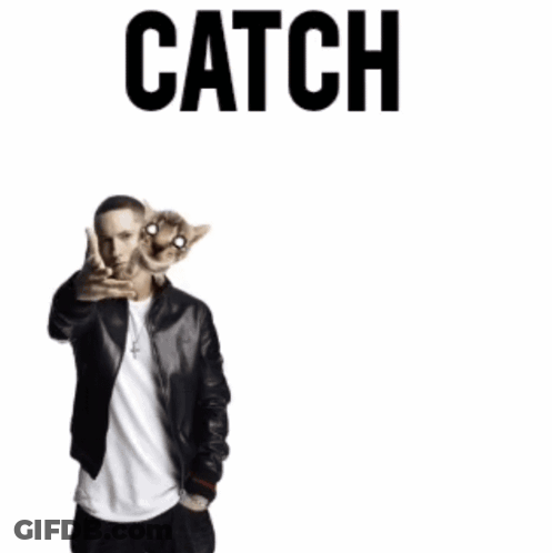 A Man Standing Next To A Cat With The Word Catch Written On It GIF