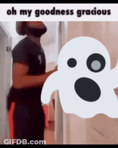 A Man Standing Next To A Ghost That Says Oh My Goodness Gracious On It GIF