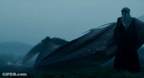 A Man Standing Next To A Large Dragon In A Field GIF