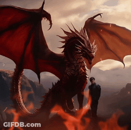 A Man Standing Next To A Large Dragon With Its Wings Outstretched GIF
