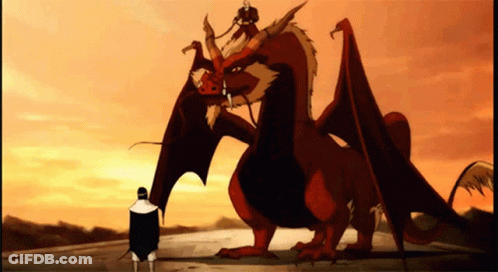 A Man Standing Next To A Large Red Dragon With Wings GIF