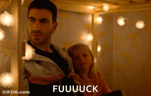 A Man Standing Next To A Little Girl With The Word Fuuuuck Written On The Bottom GIF