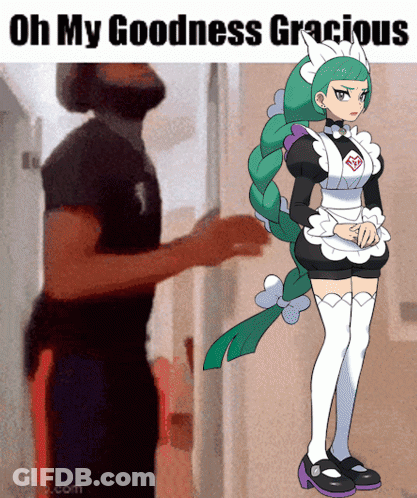 A Man Standing Next To A Maid With The Words Oh My Goodness Gracious On The Bottom GIF