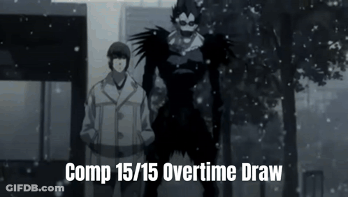 A Man Standing Next To A Monster With The Words Comp 15/15 Overtime Draw Written On The Bottom GIF