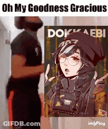 A Man Standing Next To A Picture Of A Girl With The Words Oh My Goodness Gracious On The Bottom GIF