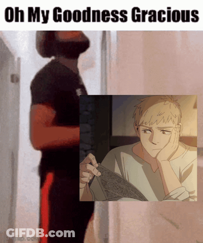 A Man Standing Next To A Picture Of A Man Reading A Book GIF