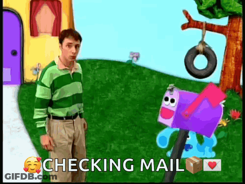 A Man Standing Next To A Purple Mailbox With The Words Checking Mail Below Him GIF