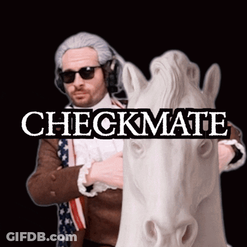 A Man Standing Next To A Statue Of A Horse With The Words Checkmate Written On It GIF