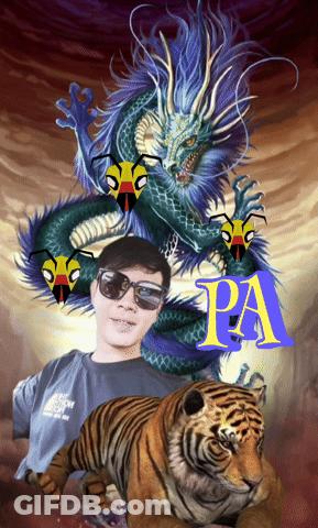 A Man Standing Next To A Tiger And A Dragon With The Letter Pa On The Bottom Right GIF