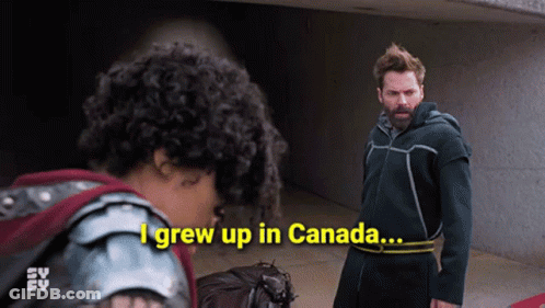 A Man Standing Next To A Woman With The Words I Grew Up In Canada GIF