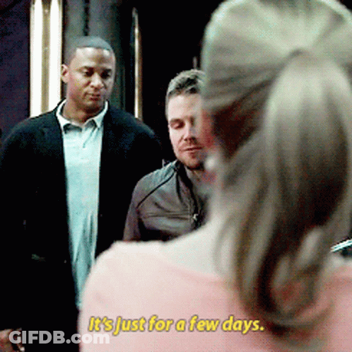 A Man Standing Next To A Woman With The Words It 'S Just For A Few Days On The Bottom GIF