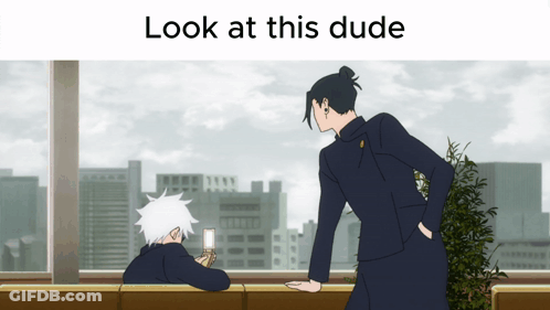 A Man Standing Next To Another Man With The Words Look At This Dude On The Top GIF