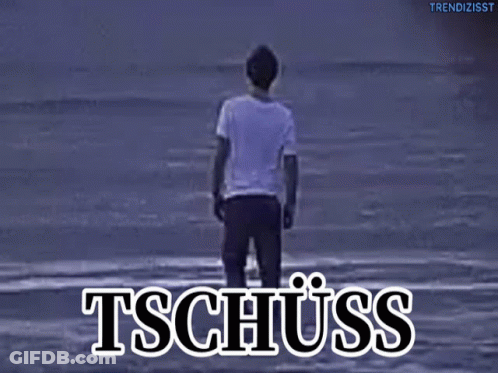 A Man Standing On A Beach With The Word Tschuss Written Above Him GIF