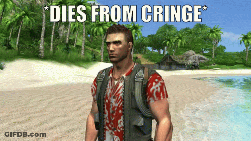 A Man Standing On A Beach With The Words Dies From Cringe Below Him GIF